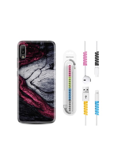 Huawei Y6 2019 Kılıf Kablo Koruyuculu Purple Gray Marble 1617