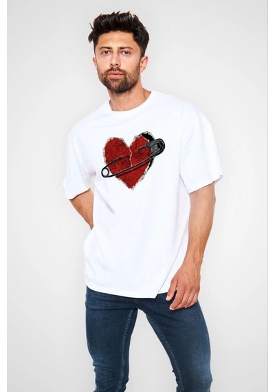 Erkek Kısa Kol Tişört Bisiklet Yaka Kalp Baskılı Oversize T-shirt - Beyaz