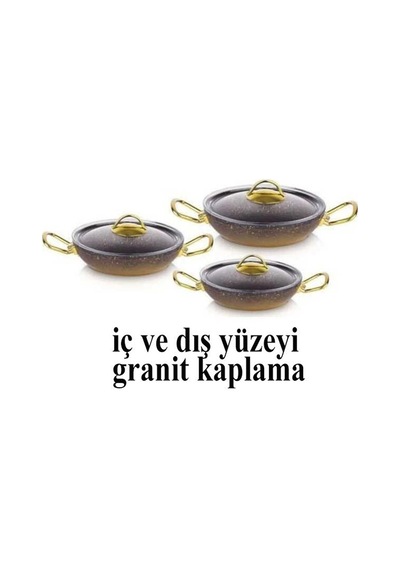 Oms Gold Serisi 6 Parça Granit Sahan Seti Cam Kapaklı 18-20-22 Cm Pfoa İçermez Gold