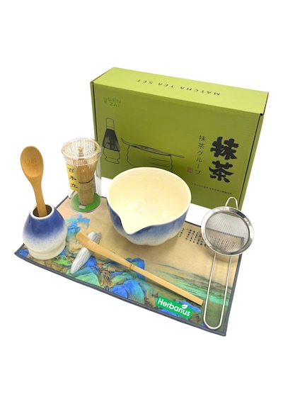 6 Parça Mavi Beyaz Renk Matcha Çayı Hazırlama Seti - Geleneksel Japon Matcha Seti Mavi - Beyaz
