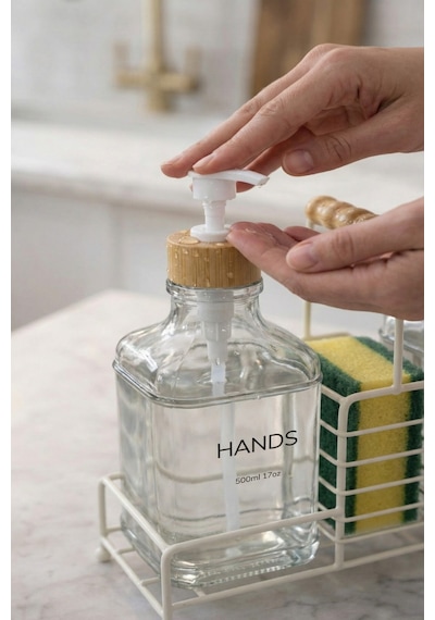 Makri Home Lüks Bambu Kulplu Beyaz Metal Stantlı İkili Cam Sıvı Sabunluk 500 Ml, 23x9x23,5 Cm