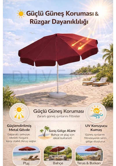 Kırmızı Plaj Şemsiyesi 200 Cm Çap /10 Telli, Polyester Kumaş Kırmızı