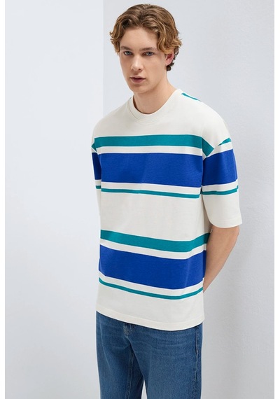 Mavi M0613331-70057 Basic Çizgili Tişört Loose Fit Tişört Erkek T-shirt Beyaz