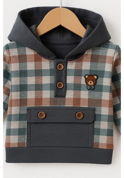 For My Baby Kapüşonlu Ekose Detaylı Bebek Takımı Füme