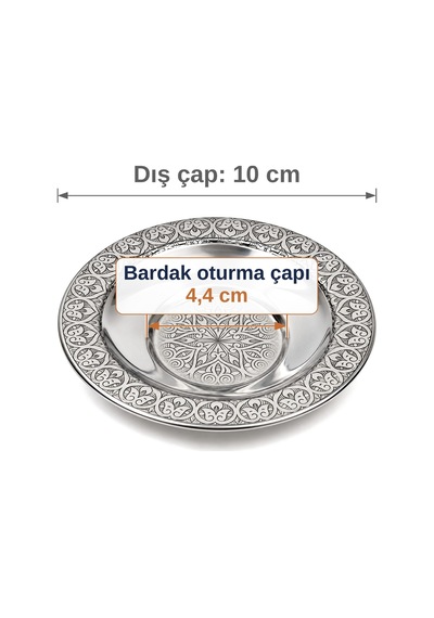 Binbir Trend 10 Cm Otantik Desenli Paslanmaz Çelik Çay Tabağı, Kırılmaz Metal Çay Bardağı Altlığı 6 Adet Gümüş