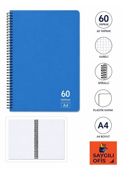 Saygılıofis 60 Yaprak A4 Spiralli Pp Kapak Kareli Defter Mavi