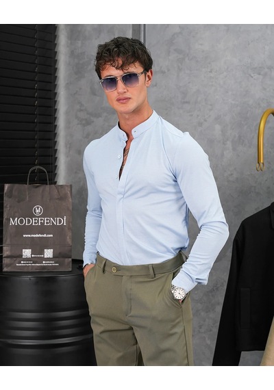 Modefendi %100 Pamuklu Slimfit Gizli Kanun Yaka Gömlek Mavi