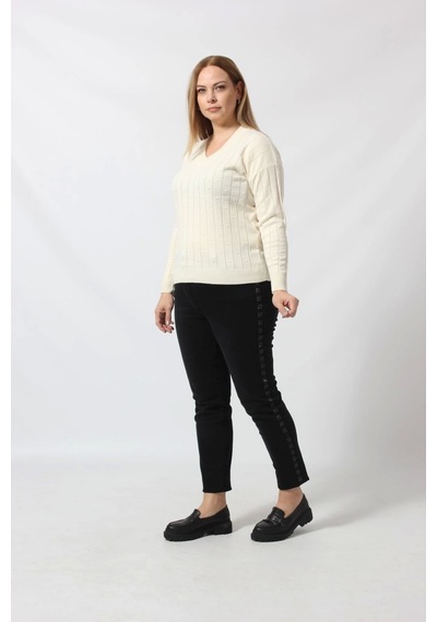 Moda Berray Y6328 Fındık Örgü Detaylı Triko Kazak Krem