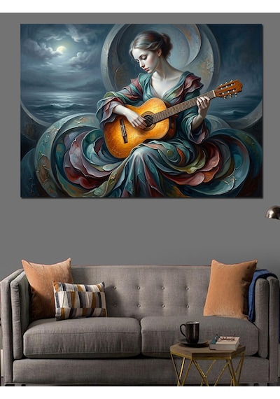 Gitar Çalan Mistik Kadın Portresi Dekoratif Kanvas - Mdf Ahşap Tablo