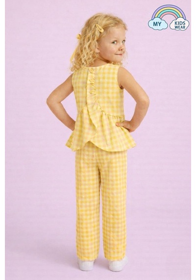 My Kids Wear Kız Çocuk Pötikareli Peplum Bluz Ve Pantolon Takımı 12690 Sarı