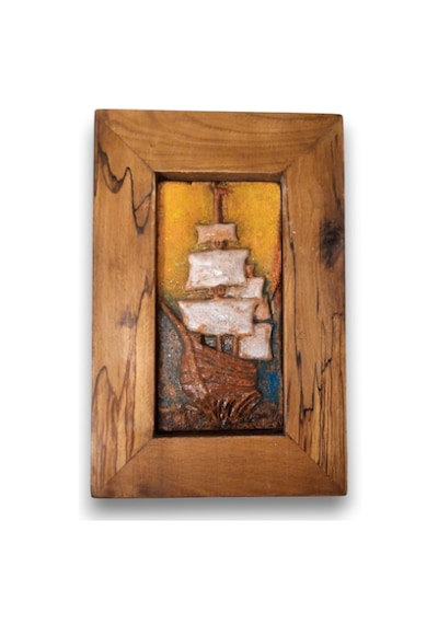 Ahşap Çerçeveli Seramik El Yapımı Handmade Gemi Tablo 15x22,5x2,5cm Çerçeveli