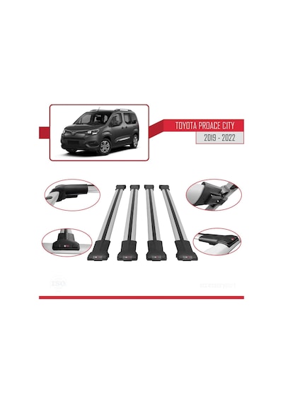Toyota Proace City 2019-2022 Arası İle Uyumlu Fly Model Ara Atkı Tavan Barı Gri 4 Adet Bar