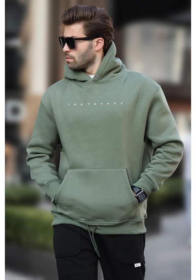 Madmext Haki Kapüşonlu Baskılı Erkek Sweatshirt 7077 Haki