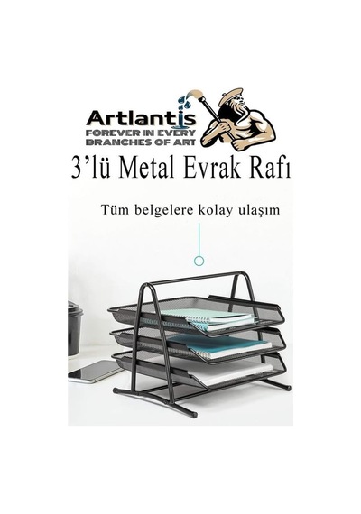 Artlantis Masa Üstü Siyah Fileli Kalemlik Çöp Kovası Ve 3 Katlı Evrak Rafı 5 Parça 1 Paket 5 Li Masa Üstü Düz Genel