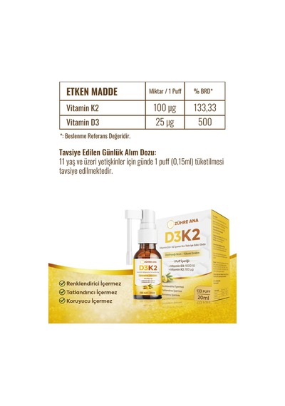Vitamin D3&k2 İçeren Sıvı Takviye Sprey 20 ML
