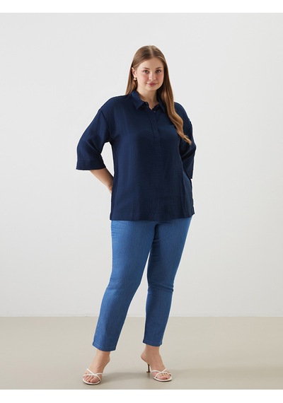 Lcwaıkıkı Classic Lacivert Oversize Armürlü Kadın Gömlek