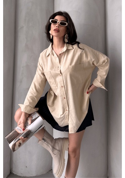 Paw Garage Kadın Harper Çift Cepli Oversize Keten Gömlek, 2025 Summer Collection Taş