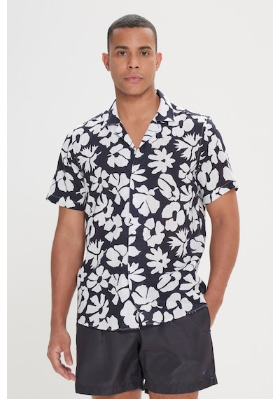AC&Co / Altınyıldız Classics Erkek Sıyah Beyaz Slim Fit Dar Kesim Küba Yaka Kısa Kollu Baskılı Gömlek Siyah - Beyaz AC&Co / Altınyıldız Classics Erkek Sıyah Beyaz Slim Fit Dar Kesim Küba Yaka Kısa Kollu Baskılı Gömlek Siyah - Beyaz