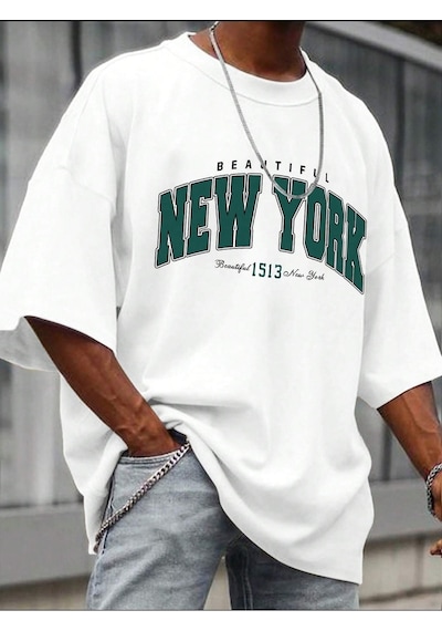 New York 1513 T-shirt - Beyaz Baskılı Oversize Bisiklet Yaka Kısa Kol Tişört Beyaz