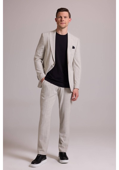 Erkek Bej Slim Fit Çizgili Tek Düğmeli Jogger Pantolonlu Takım El