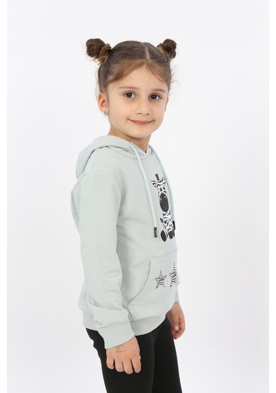 Toontoy Kız Çocuk Yıldızlı Zebra Baskılı Kapüşonlu Sweatshirt Yeşil