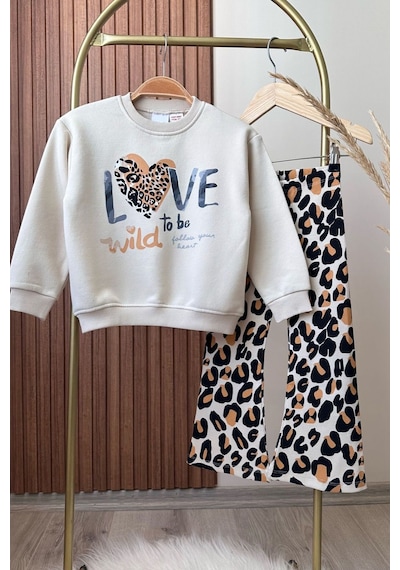 Lolliboomkids Kız Çocuk Love Leopar Baskılı İspanyol Paça Tayt Alt Üst Takım 3 İplik Taş