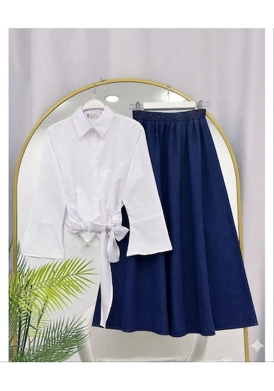 Lovie Moda Kadın Bağcıklı Gömlek Kot Etekli Takım - Beyaz