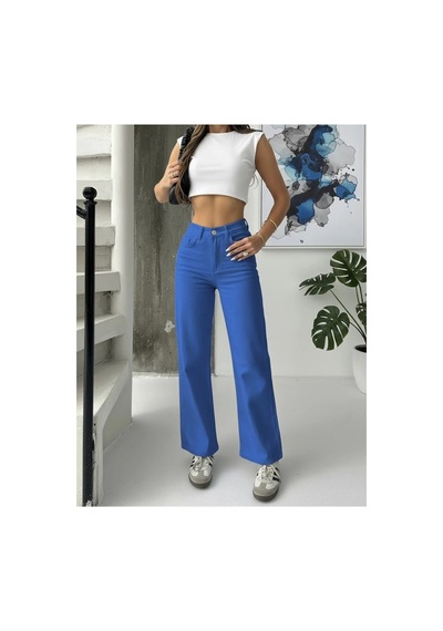Kene Jeans Yüksek Bel Saks Mavi Keten Bol Paça Tam Kalıp Pantolon Saks Mavi