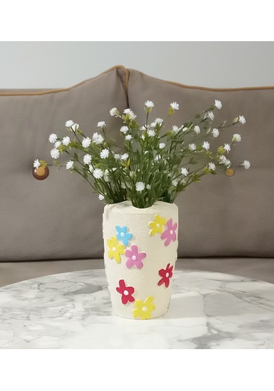 Vazoda Beyaz Yapay Çiçek Dekoratif Renkli Papatyalı Poliresin Vazo Dahil 5 x 5 x 16 CM