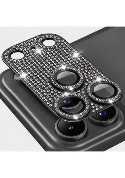 Apple iPhone 18 Pro Uyumlu Full Taşlı Ar Ve Af Özellikli Kamera Camı / Lensi Koruyucu Camı - Siyah