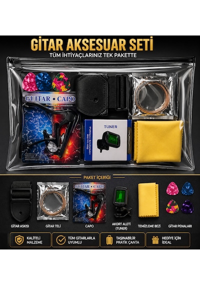 Valares Profesyonel Gitar Aksesuar Seti Tuner + Capo + Tel + Pena + Askı + Temizlik Bezi Full Set