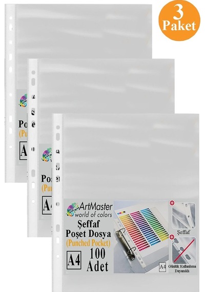 Poşet Dosya 100 Lü A-4 Şeffaf Föy Dosya 3 Paket Artmaster Ofis Okul Kenarı Delikli Poşet Dosya 80 Sayfa Kapasiteli