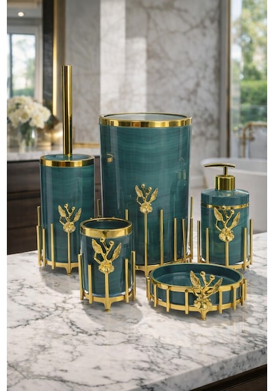 Makri Home Gold Kaplama Metal Stantlı 5 Parça Mermer Desenli Ve Düz Renk Seçenekli Banyo Aksesuar Takımı Yeşil