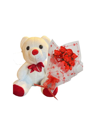 Sevimli 35 Cm Peluş Ayı İle Premium Yumoş Kırmızı Peluş Ayıcık Buketi