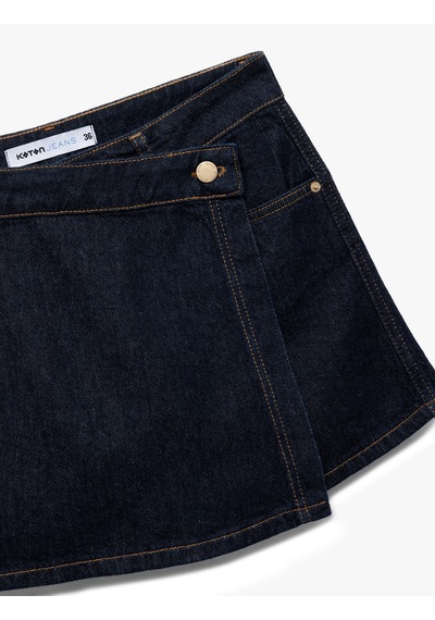 Koton Pamuklu Normal Bel Asimetrik Kesim Düğmeli Denim Şort Etek Koyu İndigo 7wal70002md