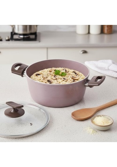 Buzz 22 Cm Derin Tencere - Shadow Krem Kırçıl Granit Efektli Yanmaz Yapışmaz Cam Kapaklı Çorba Ve Yemek Tenceresi 12v