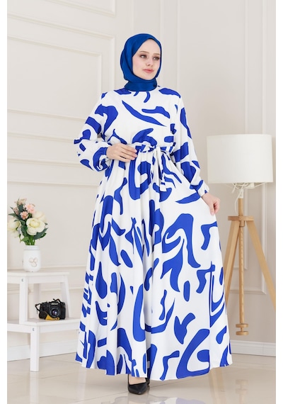Sevitli Geometrik Desenli Elbise-beyaz-3895 Beyaz