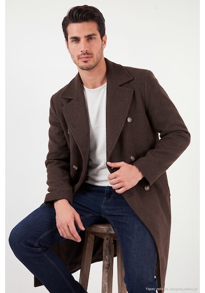 Buratti Loose Fit Kruvaze Yaka Uzun Astarlı Kaşe Kaban Erkek Kaban 681003 Kahve