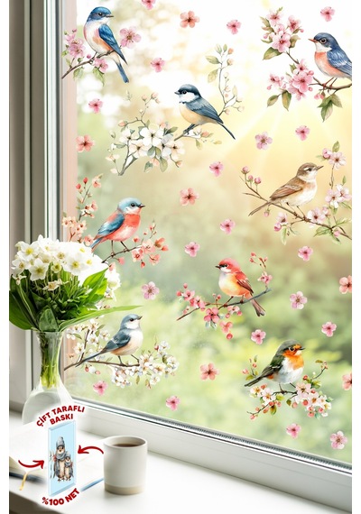 Çift Taraflı Cam Sticker Kuş Ve Çiçek Seti 57 Parça Bahar Temalı Pencere Süsü, %100 Net Görünüm Dijital Baskı