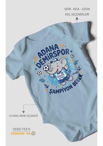 Morivokids Adana Demirspor Temalı Kısa Kollu Bebek Body %100 Pamuk Bebe Mavisi