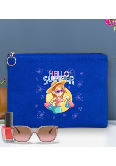 Bk Gift Yaz Temalı-2 Astarlı Mavi Portföy Çanta 30x21cm, Baskılı El Çantası, Organizer Çanta