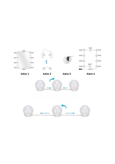 Tr Makyaj Masası Aynası, Hollywood Tarzı 10'lu Led Işıklı, Usb, Beyaz Genel