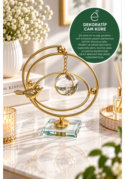 Evonıta Dekoratif Cam Küreli Kuş Figürlü Biblo Altın Renk Metal Masa Üstü Süs Kristal Tabanlı Salon Konsol Dekoru