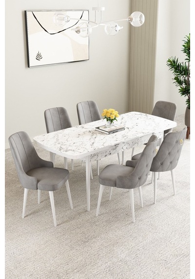 Clara Beyaz Mermer Desen 80x132 Açılabilir Mdf Masa Yemek Odası Takımı,mutfak Takımı 6 Adet Sandalye Gri Clara Beyaz Mermer Desen 80x132 Açılabilir Mdf Masa Yemek Odası Takımı,mutfak Takımı 6 Adet Sandalye Gri