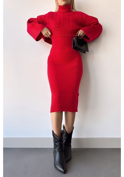 Flex Fashıon Boğazlı Kırmızı Saç Örgü Motifli Crop Kazak Ve Triko Elbise Takım Kırmızı - 612102340 Kırmızı - 612102340 Kırmızı
