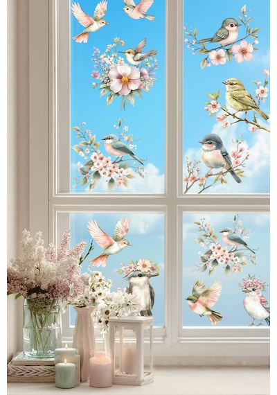 Bahar Kuşları Cam Sticker Seti Çiçekli Uçan Kuş Duvar Sticker Çift Taraflı Cam Süsü - Cam Dekor Dijital Baskı