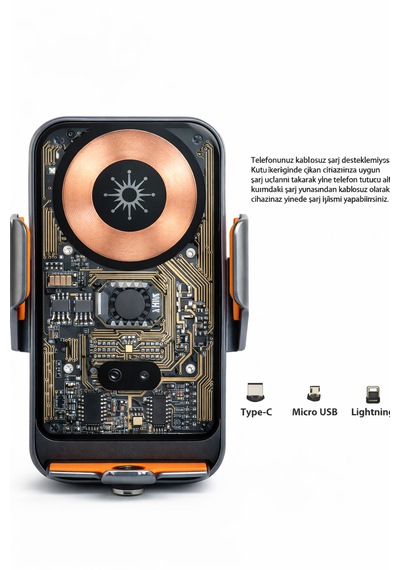 Qasul C11güç, Teknoloji Ve Tasarım Bir Arada 360 Dönebilen Akıllı Araç Telefon Tutucu & Kablosuz Şarj Standı Type-c / Micro Usb / Lightning Siyah