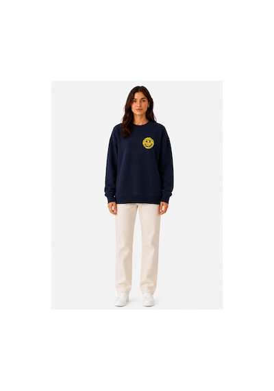 Herkesemoda Emoji Baskı Detaylı Şardonlu 2 İplik Bisiklet Yaka Sweatshirt Lacivert