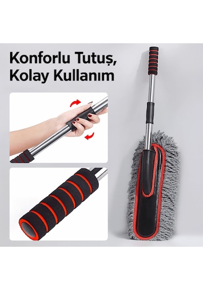 Polham Teleskopik Saplı 2 Adet Temizlik Fırça Seti İz Bırakmaz, Çizmez Toz Alma Mikrofiber Temizlik Fırçası