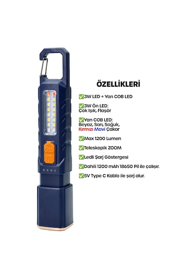 Şarjlı El Feneri 6 Mod Karabina Askılı Çakarlı Cob Led Kamp Lambası Acil Durum Işığı Mavi 7170 Mavi